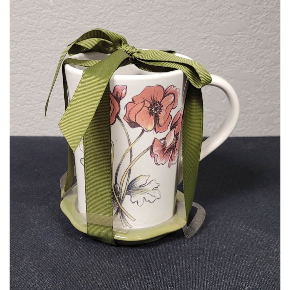Signature Housewares Poppy Floral Ceramic Mug and Coaster Gift Set Green Ribbon